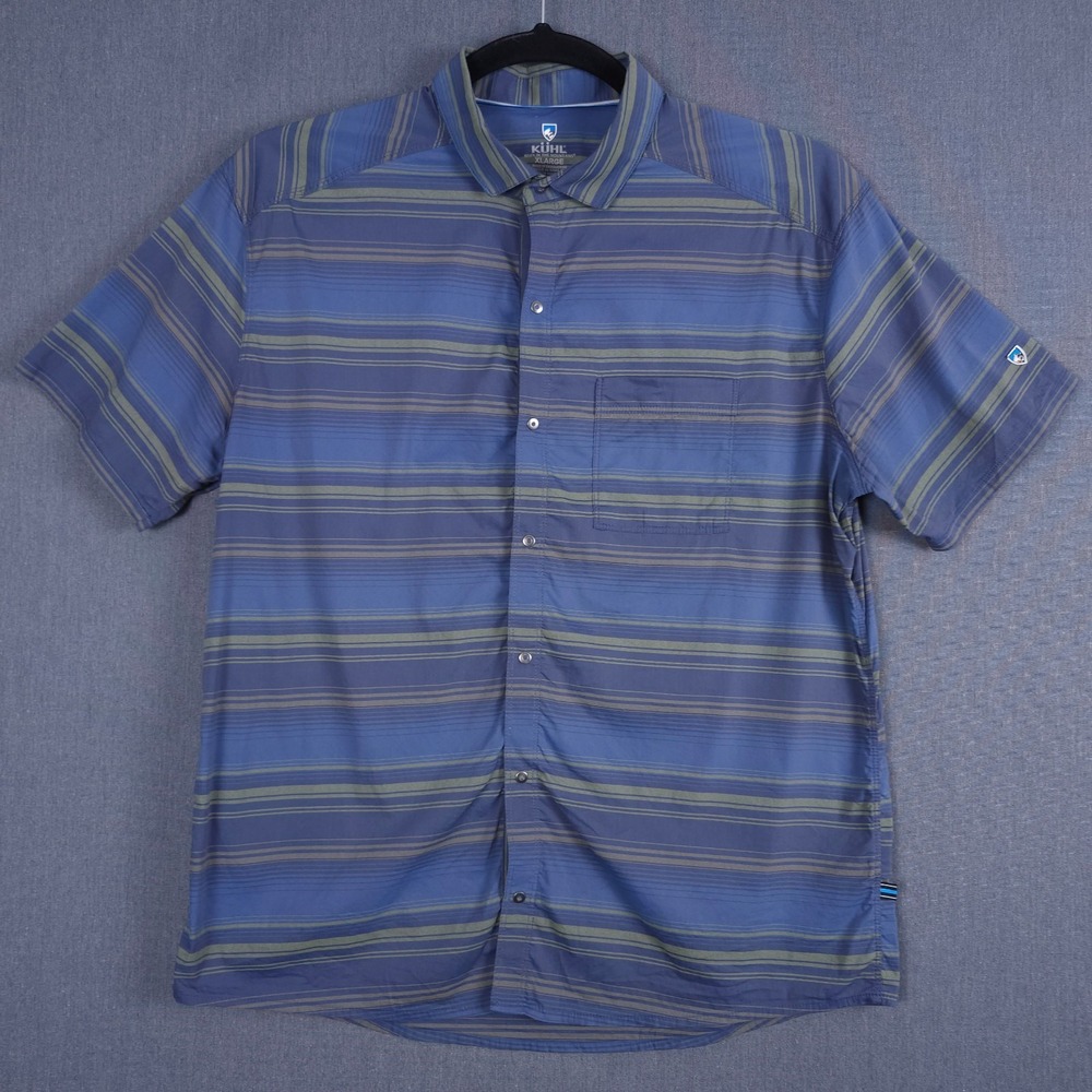 Kuhl Intriguer Short Sleeve Snap Shirt Mens XL Blue Green Striped Outdoor 7415